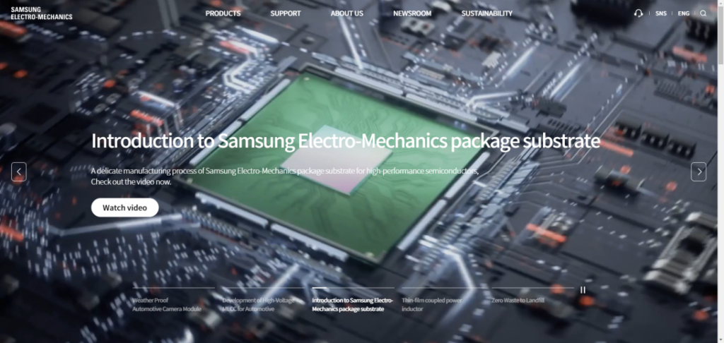 Samsung Electro-Mechanics website homepage screenshot, ranked No. 11 global PCB manufacturer 2024