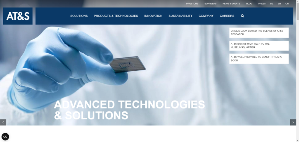 AT&S website homepage screenshot, ranked No. 13 global PCB manufacturer 2024